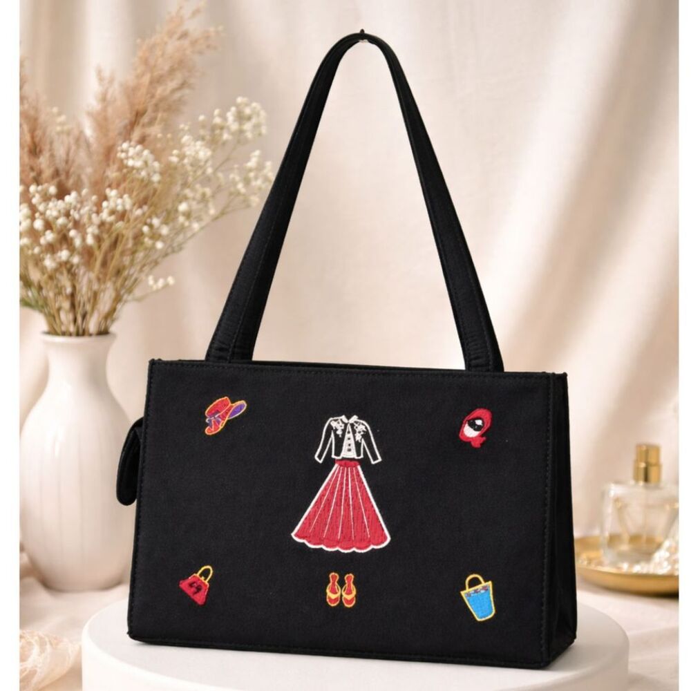 Vintage Y2K Black Satin Novelty Purse Embroidered Coquette Kitsch 90s Bag - Picture 1 of 6